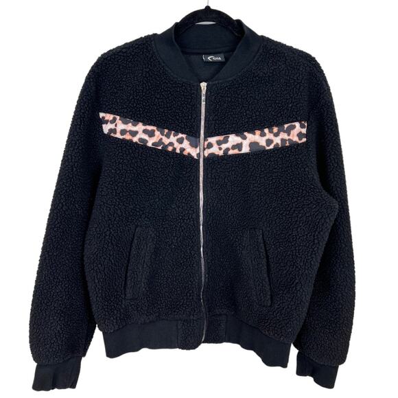 ZYIA Black Leopard Flying V Fleece Jacket Sherpa Teddy Bomber - Picture 4 of 14